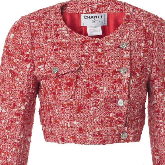 Chanel Red white Wool Tweed crop Jacket Skirt Suit - Picture 2 of 4